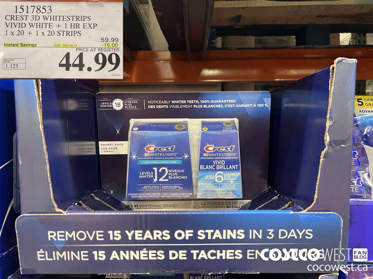 1517853 CREST 3D WHITESTRIPS VIVID WHITE + 1 HR EXP 1 x 20 + 1 x 20 STRIPS ($15.00 INSTANT SAVINGS EXPIRES ON 2025-08-17) $44.99