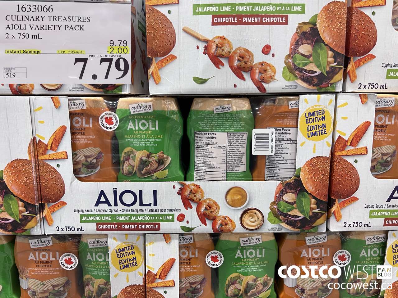 1633066 CULINARY TREASURES AIOLI SAUCE VARIETY PK 2 X 750ML ($2.00 INSTANT SAVINGS EXPIRES ON 2025-08-31) $7.79