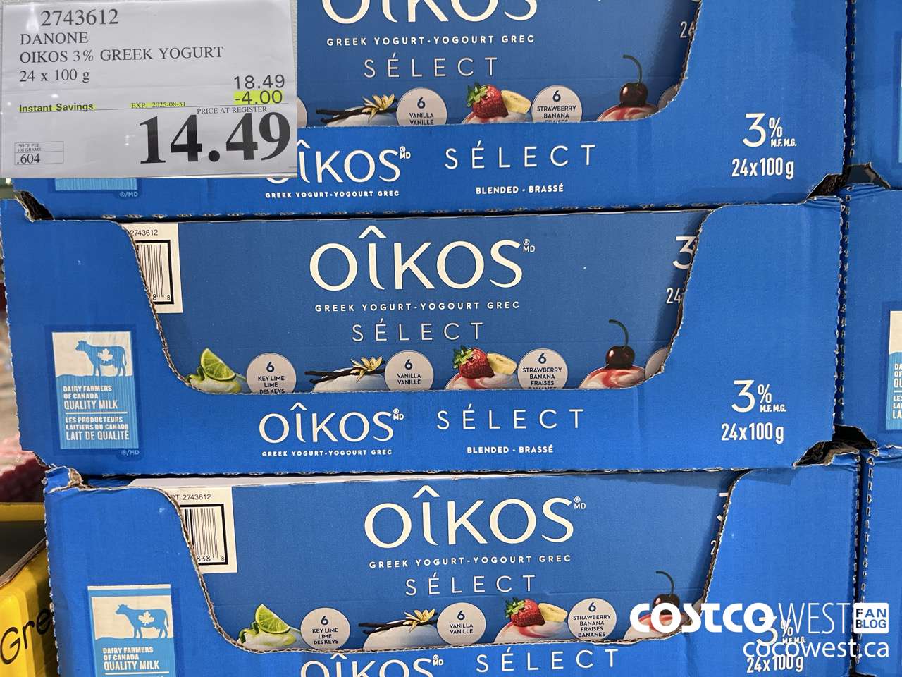 2743612 DANONE OIKOS 3% GREEK YOGURT 24 X 100 G ($4.00 INSTANT SAVINGS EXPIRES ON 2025-08-31) $14.49