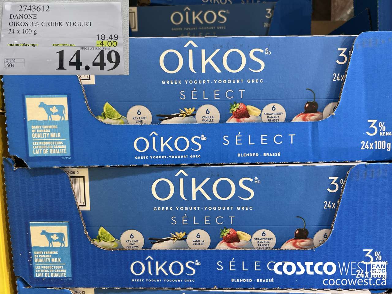 2743612 DANONE OIKOS 3% GREEK YOGURT 24 X 100 G ($4.00 INSTANT SAVINGS EXPIRES ON 2025-08-31) $14.49