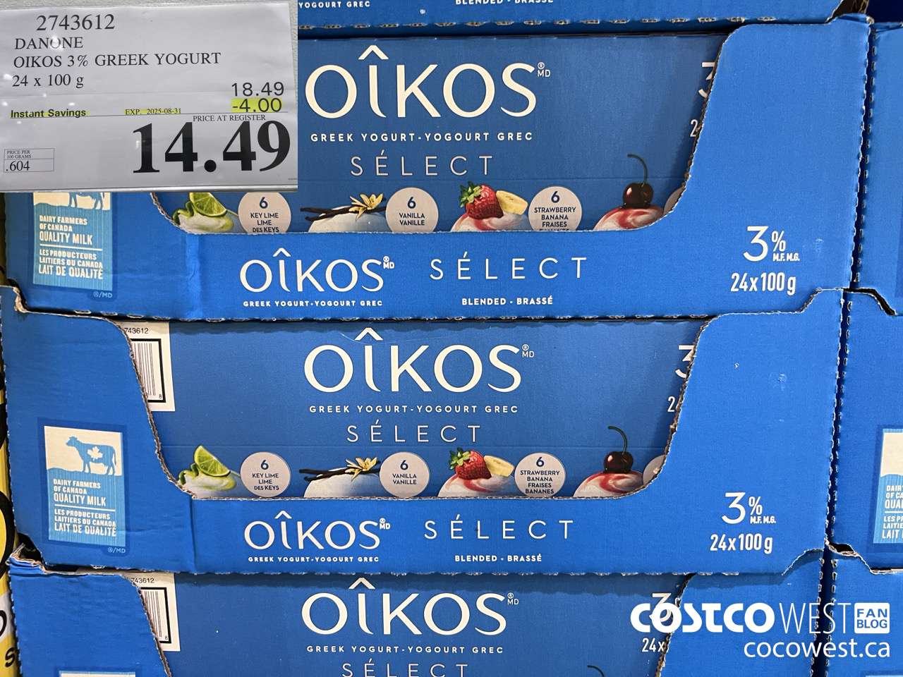 2743612 DANONE OIKOS 3% GREEK YOGURT 24 X 100 G ($4.00 INSTANT SAVINGS EXPIRES ON 2025-08-31) $14.49