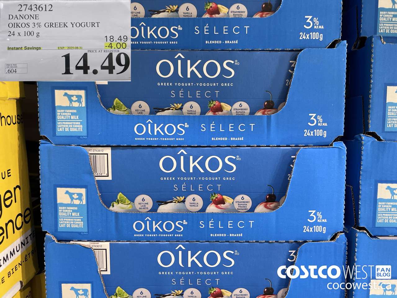 2743612 DANONE OIKOS 3% GREEK YOGURT 24 X 100 G ($4.00 INSTANT SAVINGS EXPIRES ON 2025-08-31) $14.49