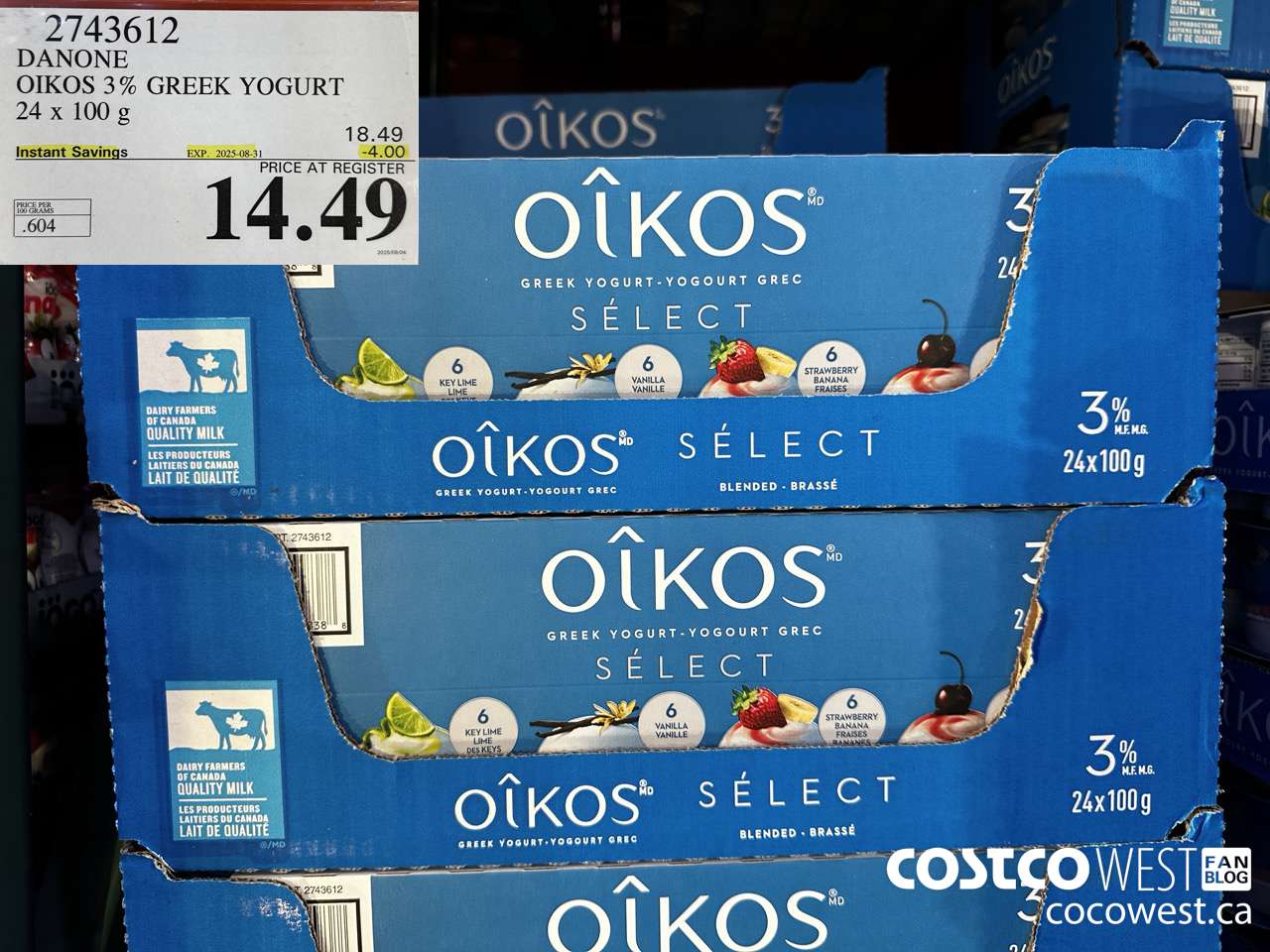 2743612 DANONE OIKOS 3% GREEK YOGURT 24 X 100 G ($4.00 INSTANT SAVINGS EXPIRES ON 2025-08-31) $14.49