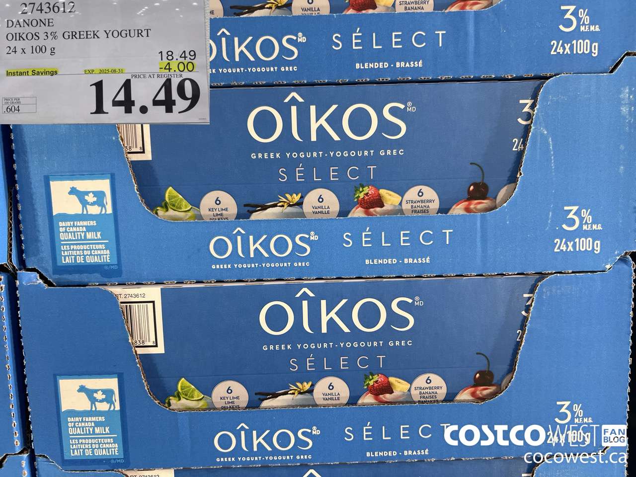 2743612 DANONE OIKOS 3% GREEK YOGURT 24 X 100 G ($4.00 INSTANT SAVINGS EXPIRES ON 2025-08-31) $14.49
