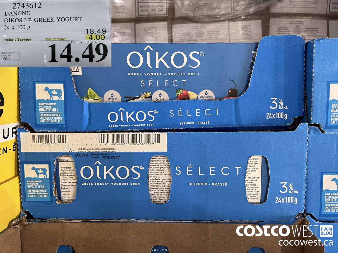 2743612 DANONE OIKOS 3% GREEK YOGURT 24 X 100 G ($4.00 INSTANT SAVINGS EXPIRES ON 2025-08-31) $14.49