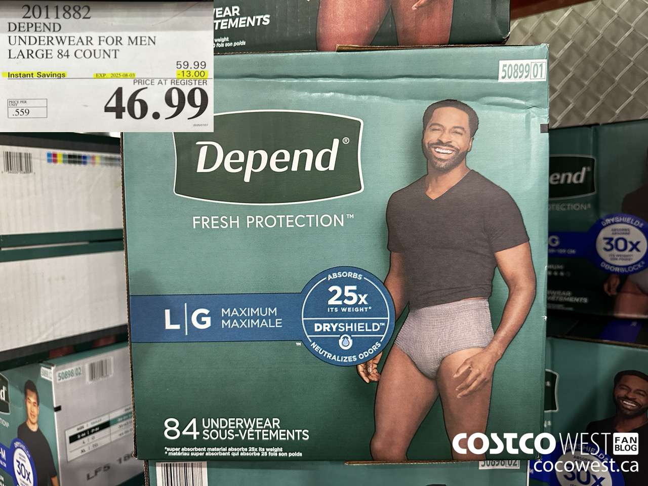 2011882 DEPEND UNDERWEAR FOR MEN LARGE 84 COUNT ($13.00 INSTANT SAVINGS EXPIRES ON 2025-08-03) $46.99