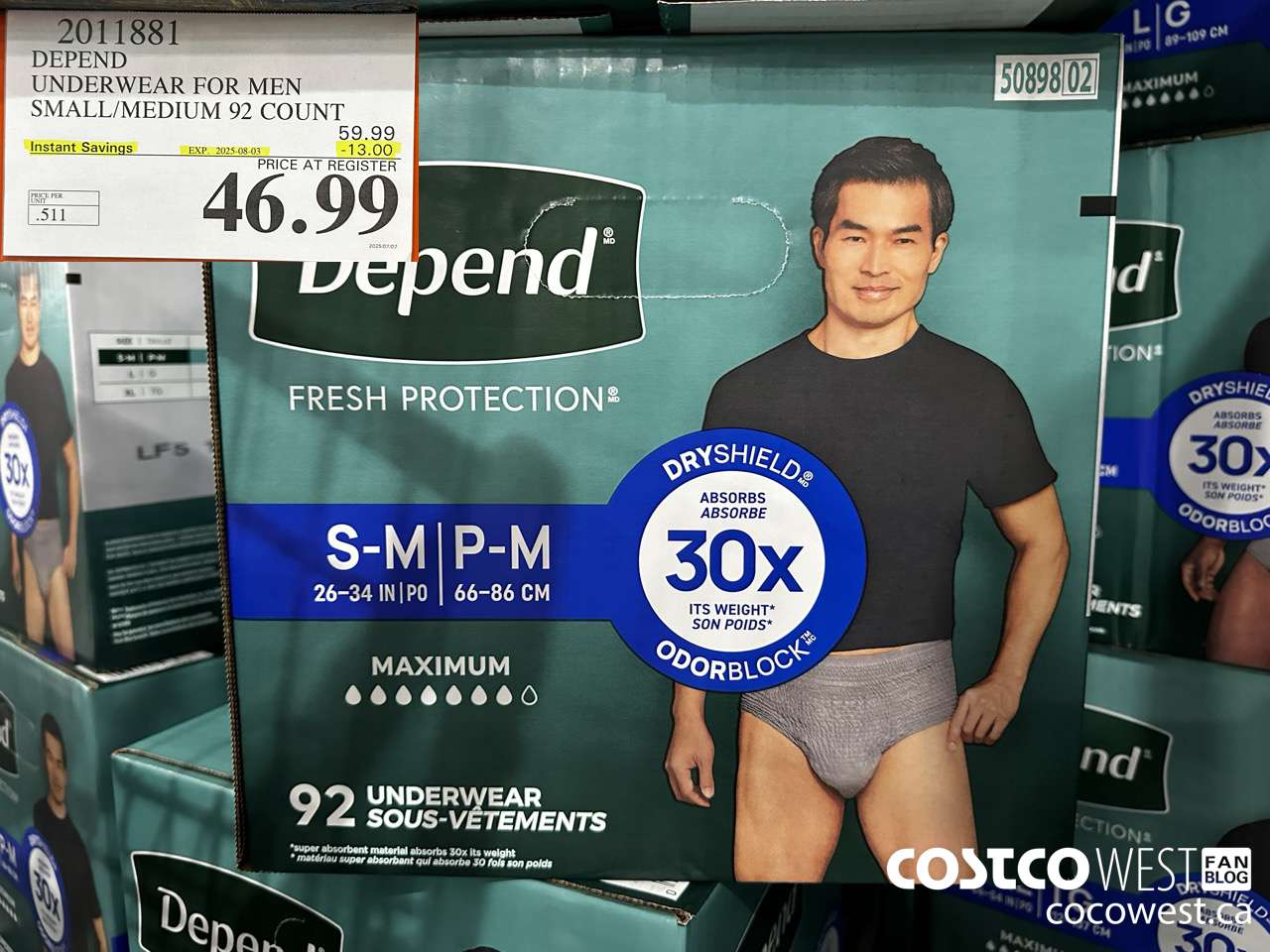 2011881 DEPEND UNDERWEAR FOR MEN S/M 92 COUNT ($13.00 INSTANT SAVINGS EXPIRES ON 2025-08-03) $46.99