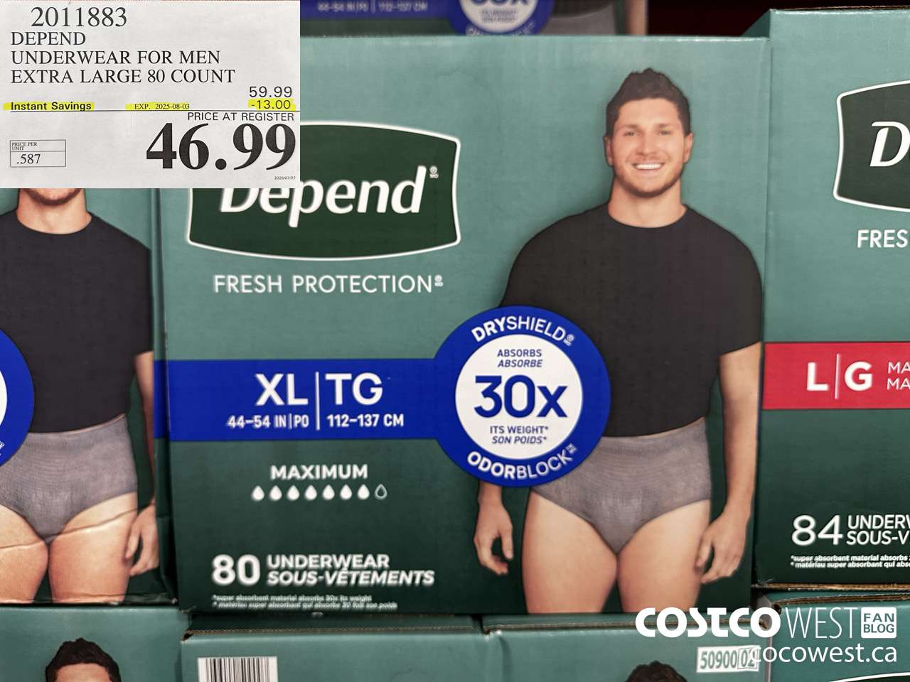 2011883 DEPEND UNDERWEAR FOR MEN X-LARGE 80 COUNT ($13.00 INSTANT SAVINGS EXPIRES ON 2025-08-03) $46.99