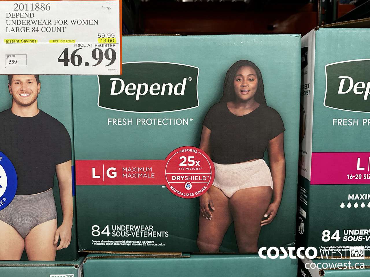 2011886 DEPEND UNDERWEAR FOR WOMEN LARGE 84 COUNT ($13.00 INSTANT SAVINGS EXPIRES ON 2025-08-03) $46.99