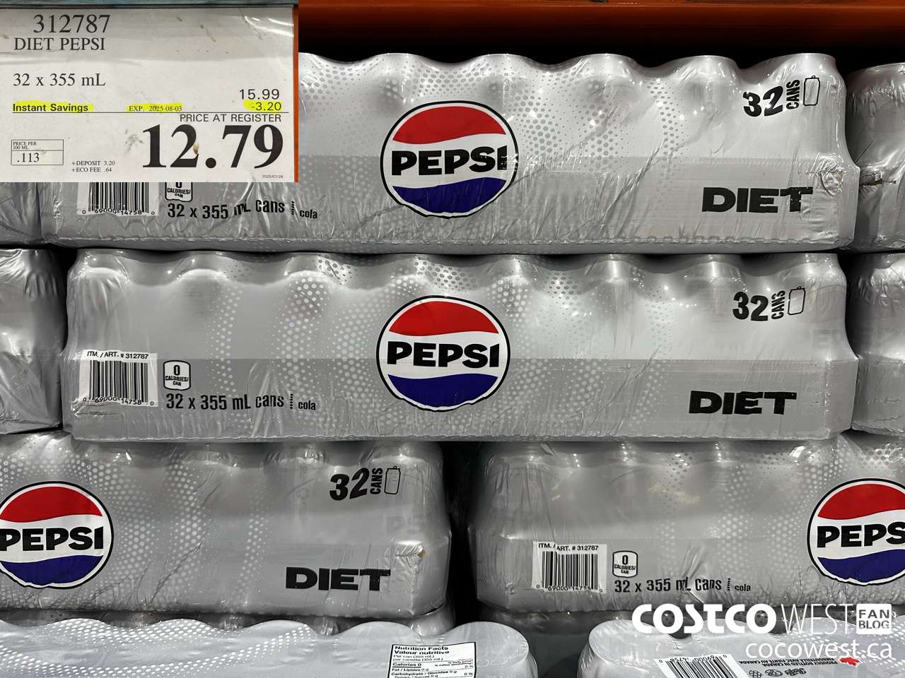 312787 DIET PEPSI 32 X 355 ML ($3.20 INSTANT SAVINGS EXPIRES ON 2025-08-03) $12.79