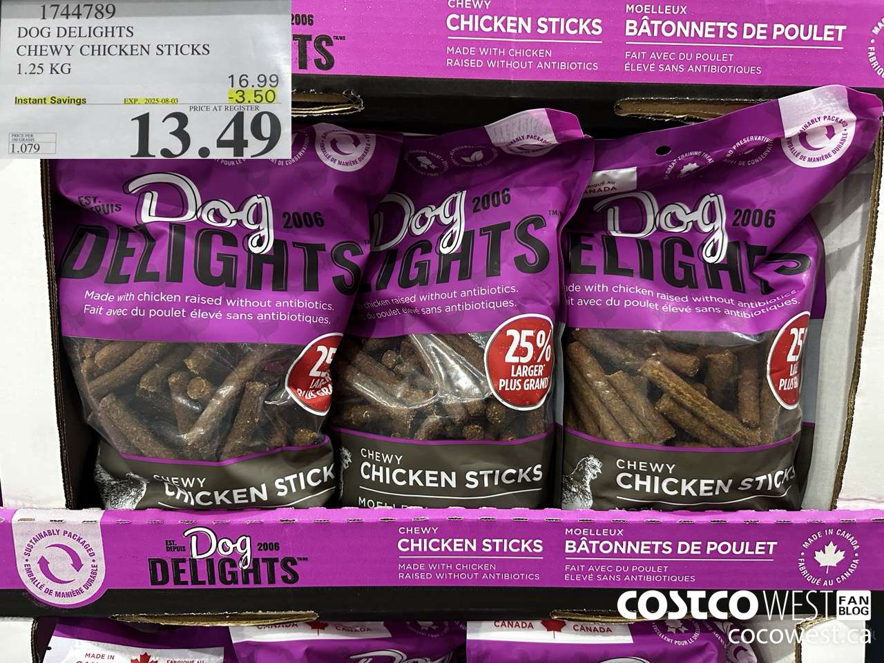 1744789 DOG DELIGHTS CHEWY CHICKEN STICKS 1.25 KG ($3.50 INSTANT SAVINGS EXPIRES ON 2025-08-03) $13.49