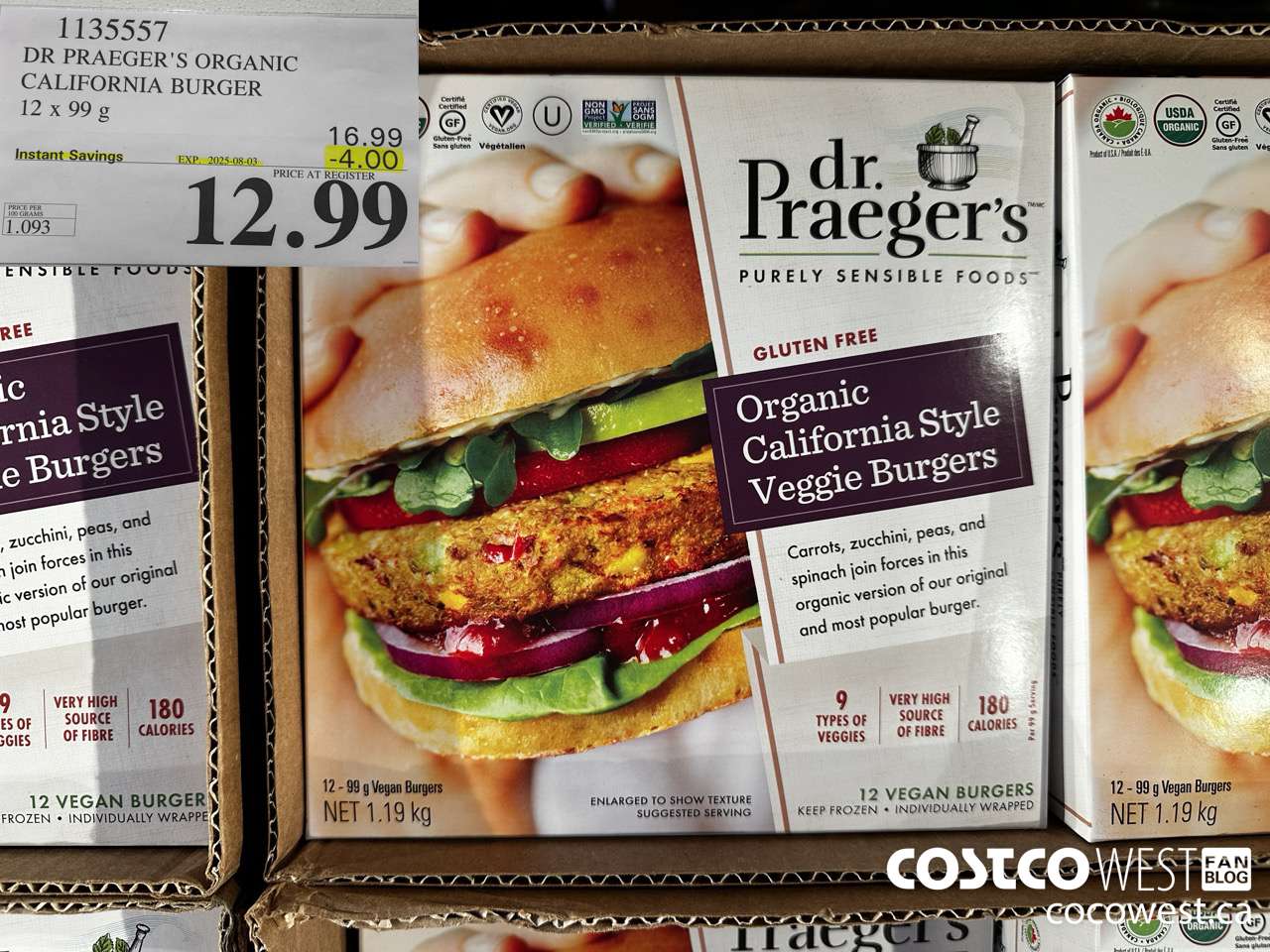 1135557 DR PRAEGER'S ORGANIC CALIFORNIA BURGER 12 x 99 g ($4.00 INSTANT SAVINGS EXPIRES ON 2025-08-03) $12.99
