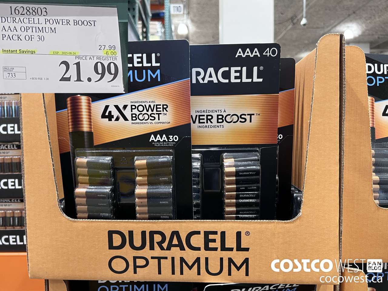 1628803 DURACELL POWER BOOST AAA OPTIMUM PACK OF 30 ($6.00 INSTANT SAVINGS EXPIRES ON 2025-08-24) $21.99