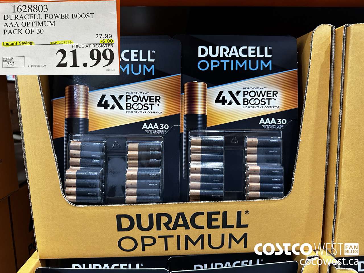 1628803 DURACELL POWER BOOST AAA OPTIMUM PACK OF 30 ($6.00 INSTANT SAVINGS EXPIRES ON 2025-08-24) $21.99