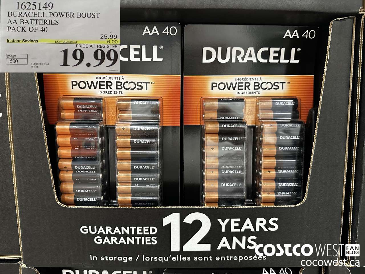1625149 DURACELL POWER BOOST AA BATTERIES PACK OF 40 ($6.00 INSTANT SAVINGS EXPIRES ON 2025-08-24) $19.99