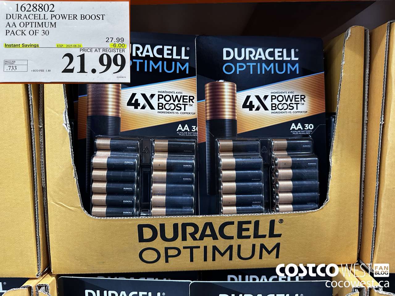 1628802 DURACELL POWER BOOST AA OPTIMUM PACK OF 30 ($6.00 INSTANT SAVINGS EXPIRES ON 2025-08-24) $21.99