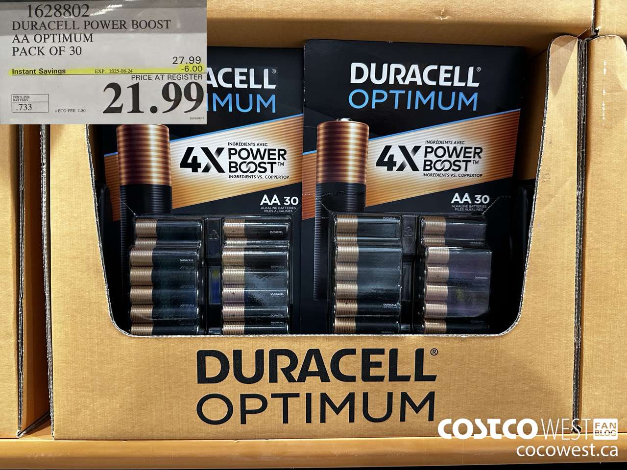 1628802 DURACELL POWER BOOST AA OPTIMUM PACK OF 30 ($6.00 INSTANT SAVINGS EXPIRES ON 2025-08-24) $21.99