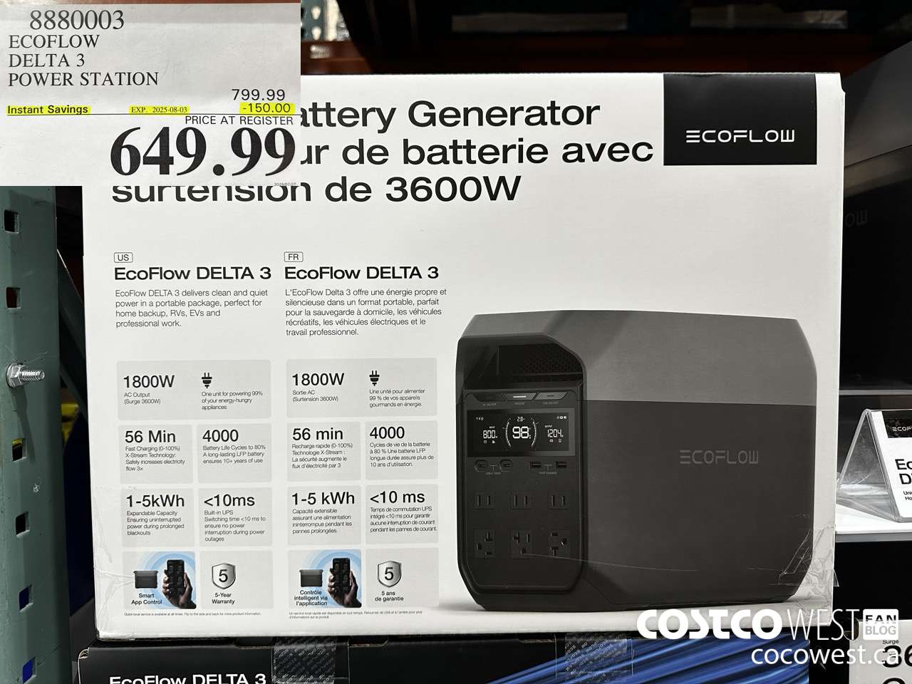 8880003 ECOFLOW DELTA 3 POWER STATION ($150.00 INSTANT SAVINGS EXPIRES ON 2025-08-03) $649.99