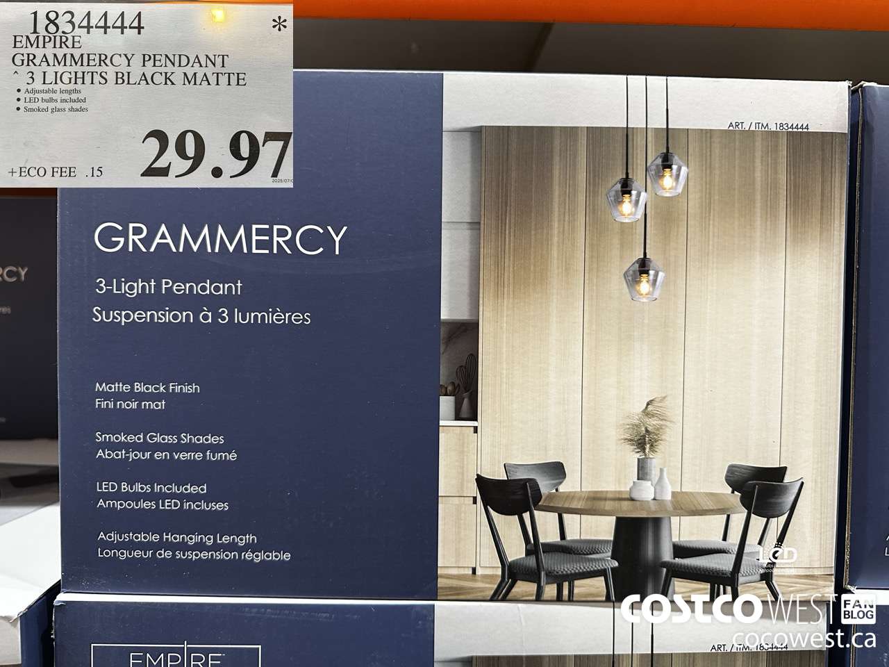 1834444 EMPIRE GRAMMERCY PENDANT 3 LIGHTS BLACK MATTE $29.97
