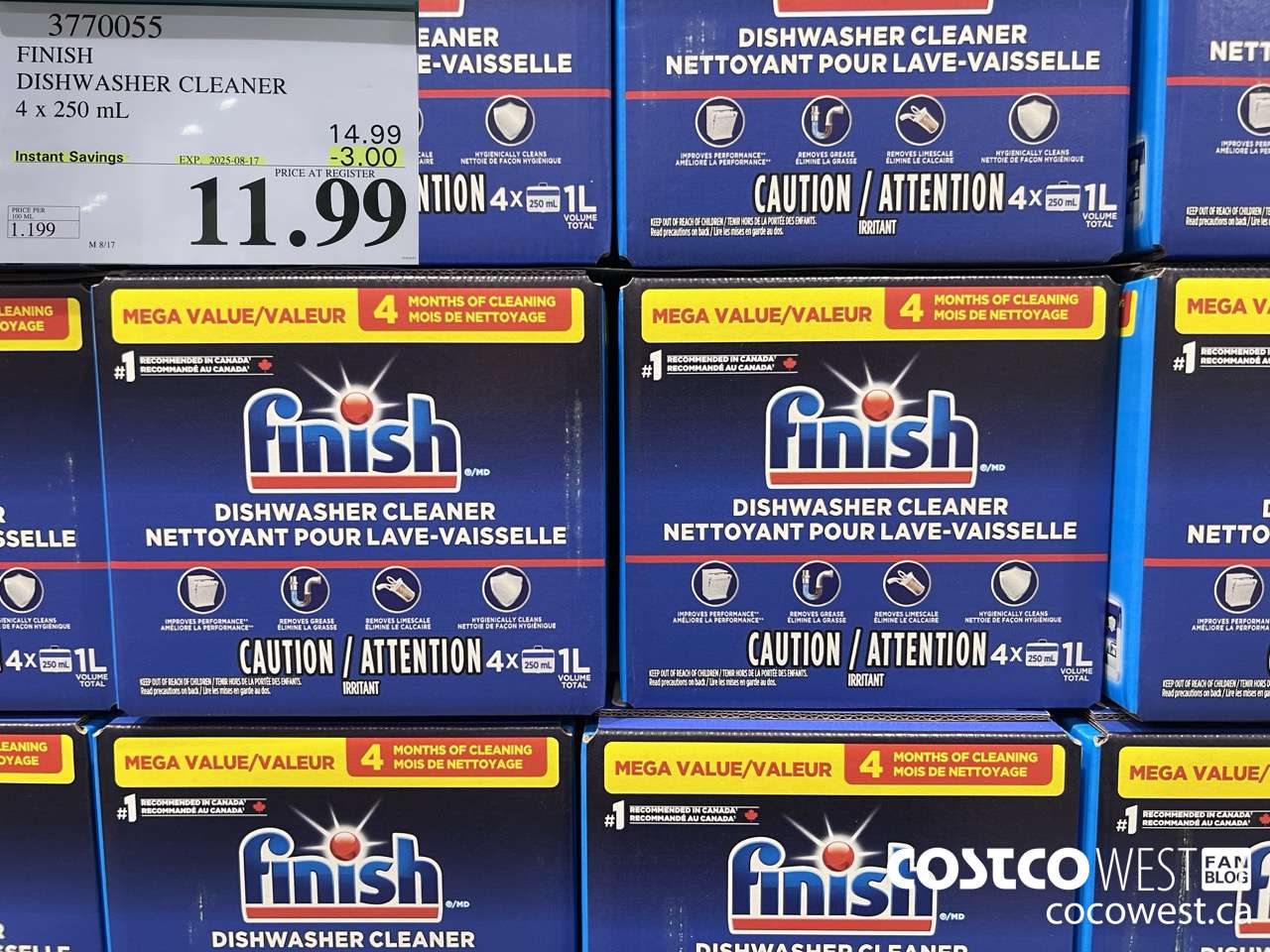 3770055 FINISH DISHWASHER CLEANER 4 X 250ML ($3.00 INSTANT SAVINGS EXPIRES ON 2025-08-17) $11.99