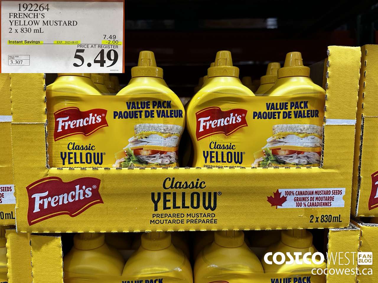 192264 FRENCH'S YELLOW MUSTARD 2 x 830 mL ($2.00 INSTANT SAVINGS EXPIRES ON 2025-08-03) $5.49