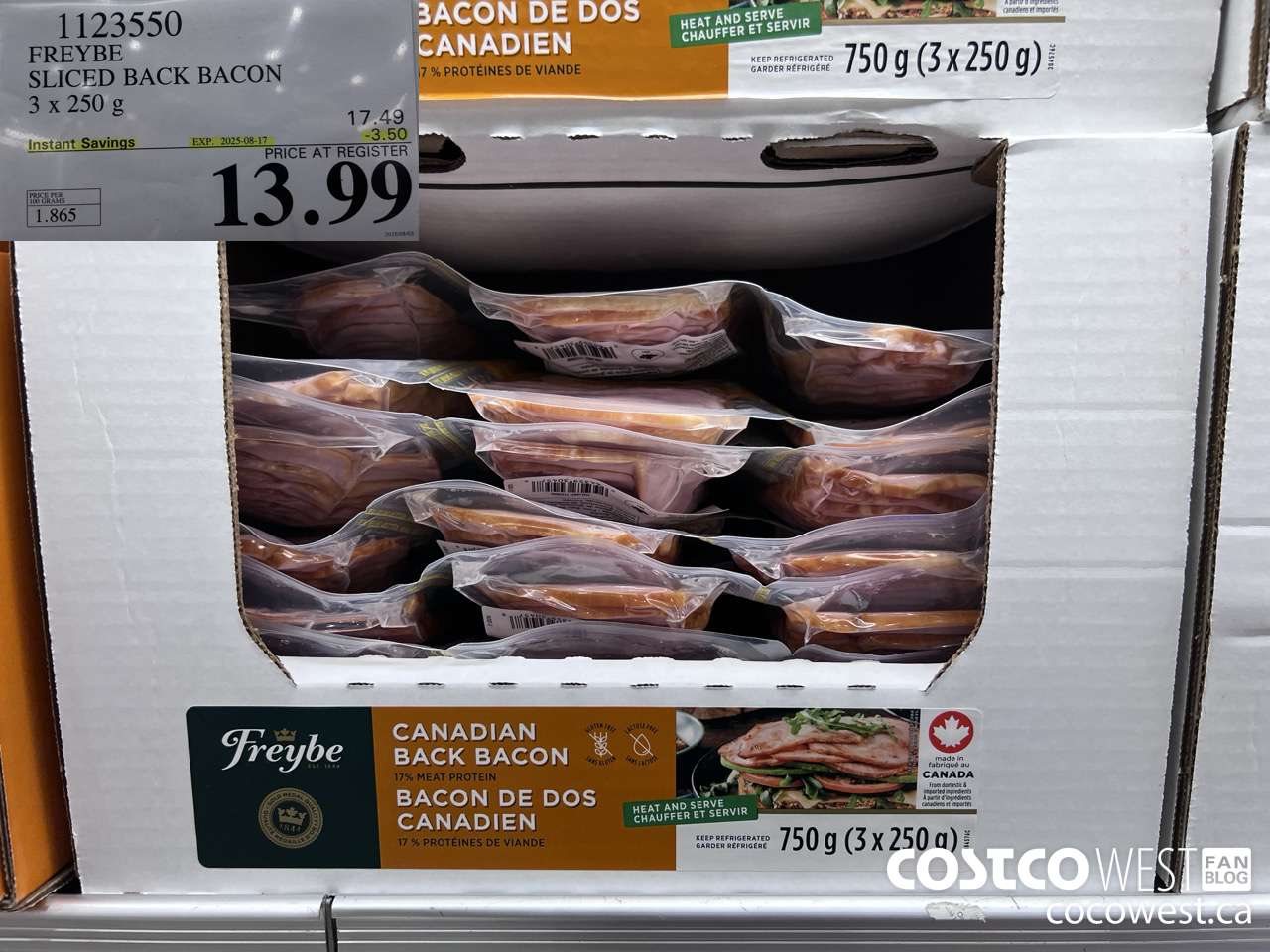 1123550 FREYBE SLICED BACK BACON 3 x 250 g ($3.50 INSTANT SAVINGS EXPIRES ON 2025-08-17) $13.99