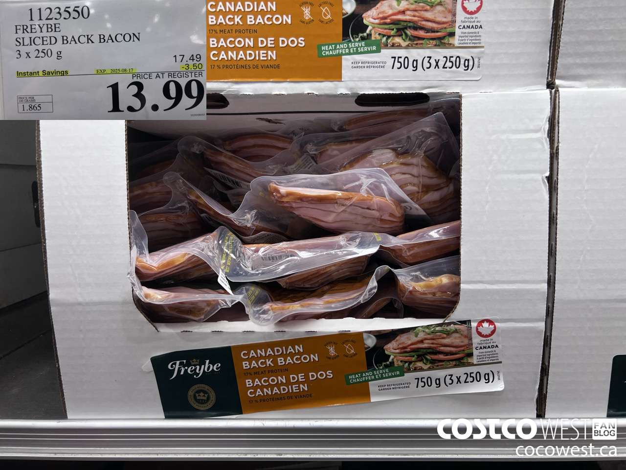 1123550 FREYBE SLICED BACK BACON 3 x 250 g ($3.50 INSTANT SAVINGS EXPIRES ON 2025-08-17) $13.99
