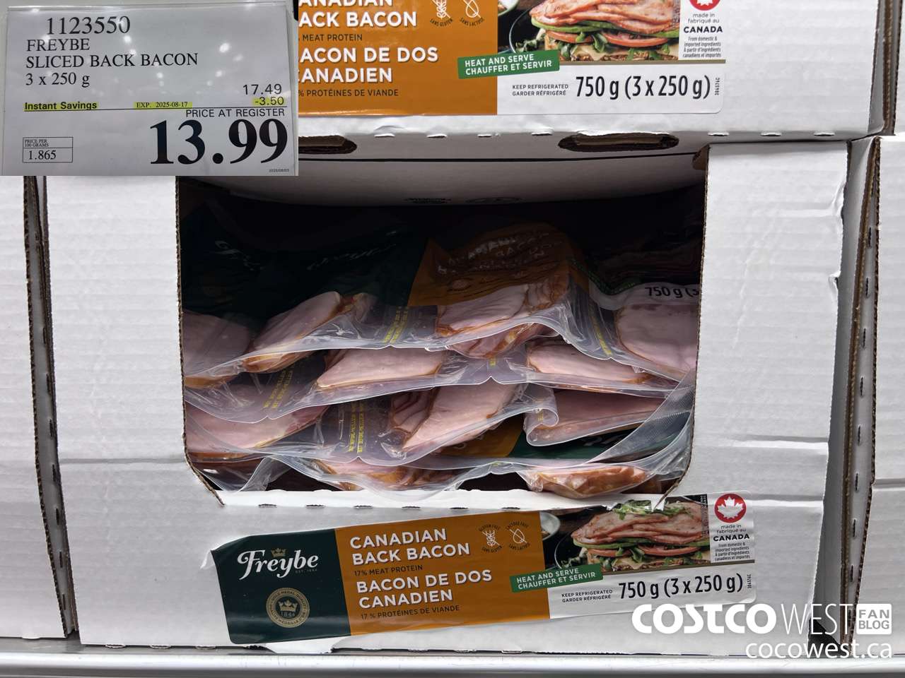 1123550 FREYBE SLICED BACK BACON 3 x 250 g ($3.50 INSTANT SAVINGS EXPIRES ON 2025-08-17) $13.99