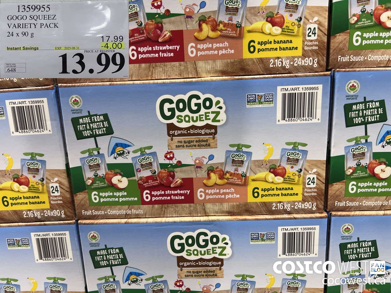 1359955 GOGO SQUEEZ ORGANIC VARIETY PACK 24 x 90g ($4.00 INSTANT SAVINGS EXPIRES ON 2025-08-31) $13.99