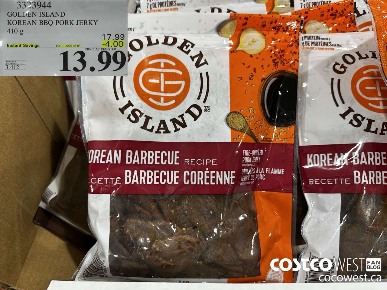 3323944 GOLDEN ISLAND KOREAN BBQ PORK JERKY 410G ($4.00 INSTANT SAVINGS EXPIRES ON 2025-08-03) $13.99