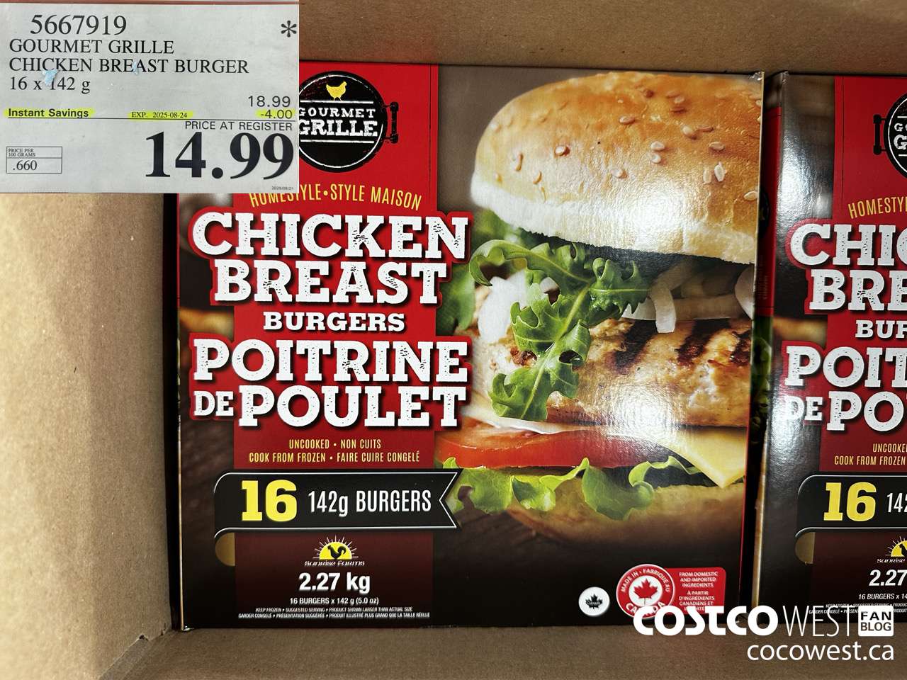 5667919 GOURMET GRILLE CHICKEN BREAST BURGER 16 X 142 G ($4.00 INSTANT SAVINGS EXPIRES ON 2025-08-24) $14.99