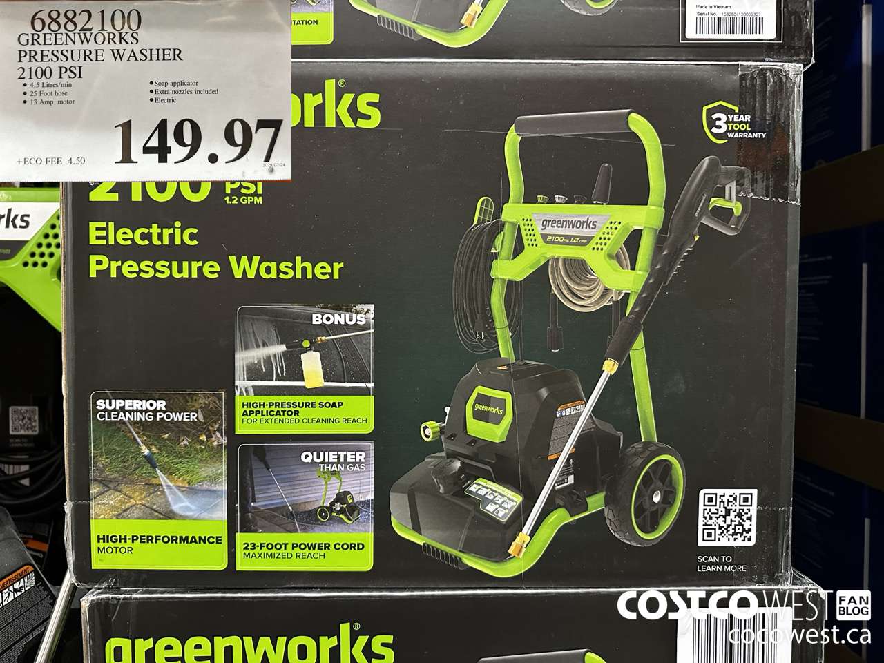 6882100 GREENWORKS PRESSURE WASHER 2100 PSI $149.97