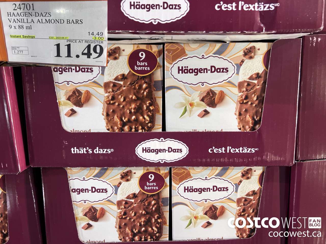 24701 HAAGEN-DAZS VANILLA ALMOND BARS 9 x 88 ml ($3.00 INSTANT SAVINGS EXPIRES ON 2025-08-17) $11.49