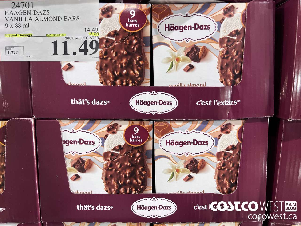 24701 HAAGEN-DAZS VANILLA ALMOND BARS 9 x 88 ml ($3.00 INSTANT SAVINGS EXPIRES ON 2025-08-17) $11.49