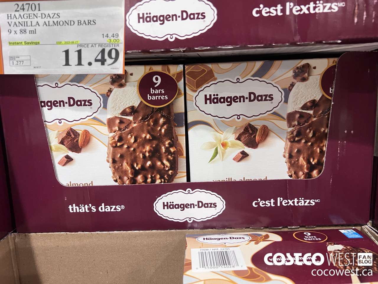 24701 HAAGEN-DAZS VANILLA ALMOND BARS 9 x 88 ml ($3.00 INSTANT SAVINGS EXPIRES ON 2025-08-17) $11.49