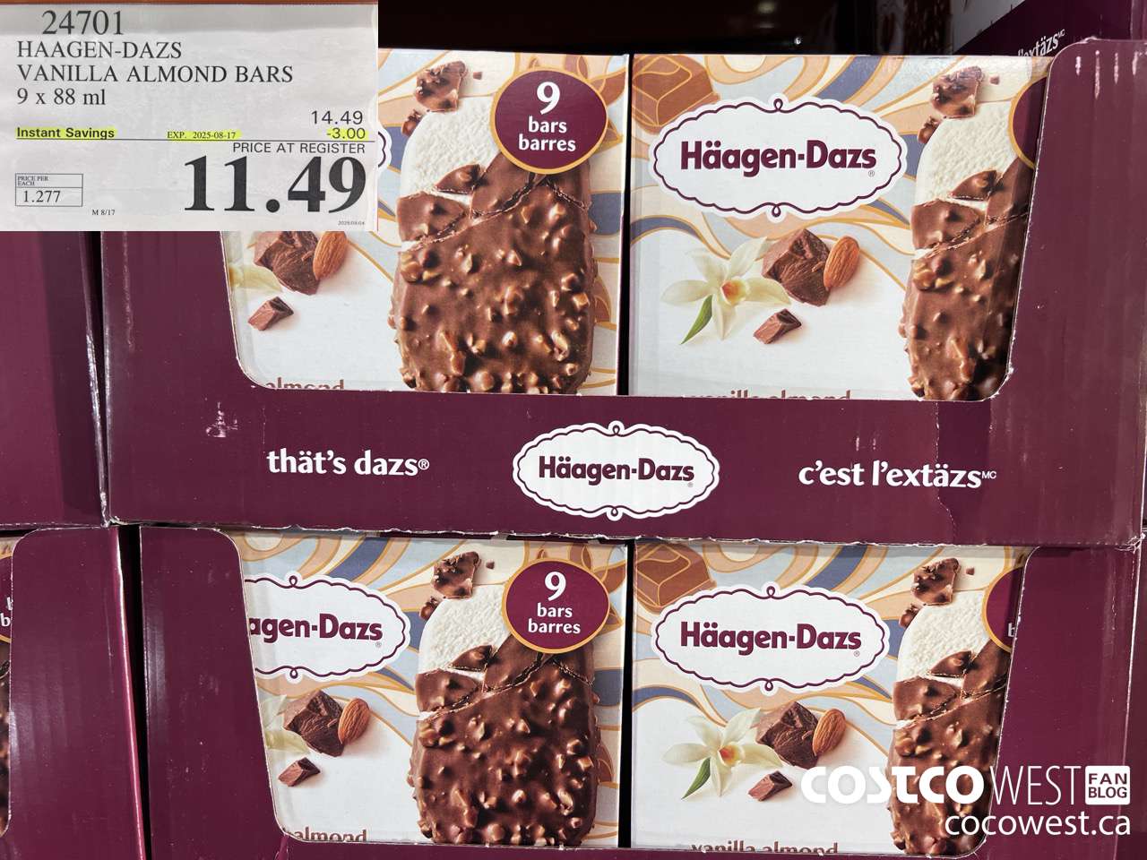 24701 HAAGEN-DAZS VANILLA ALMOND BARS 9 x 88 ml ($3.00 INSTANT SAVINGS EXPIRES ON 2025-08-17) $11.49