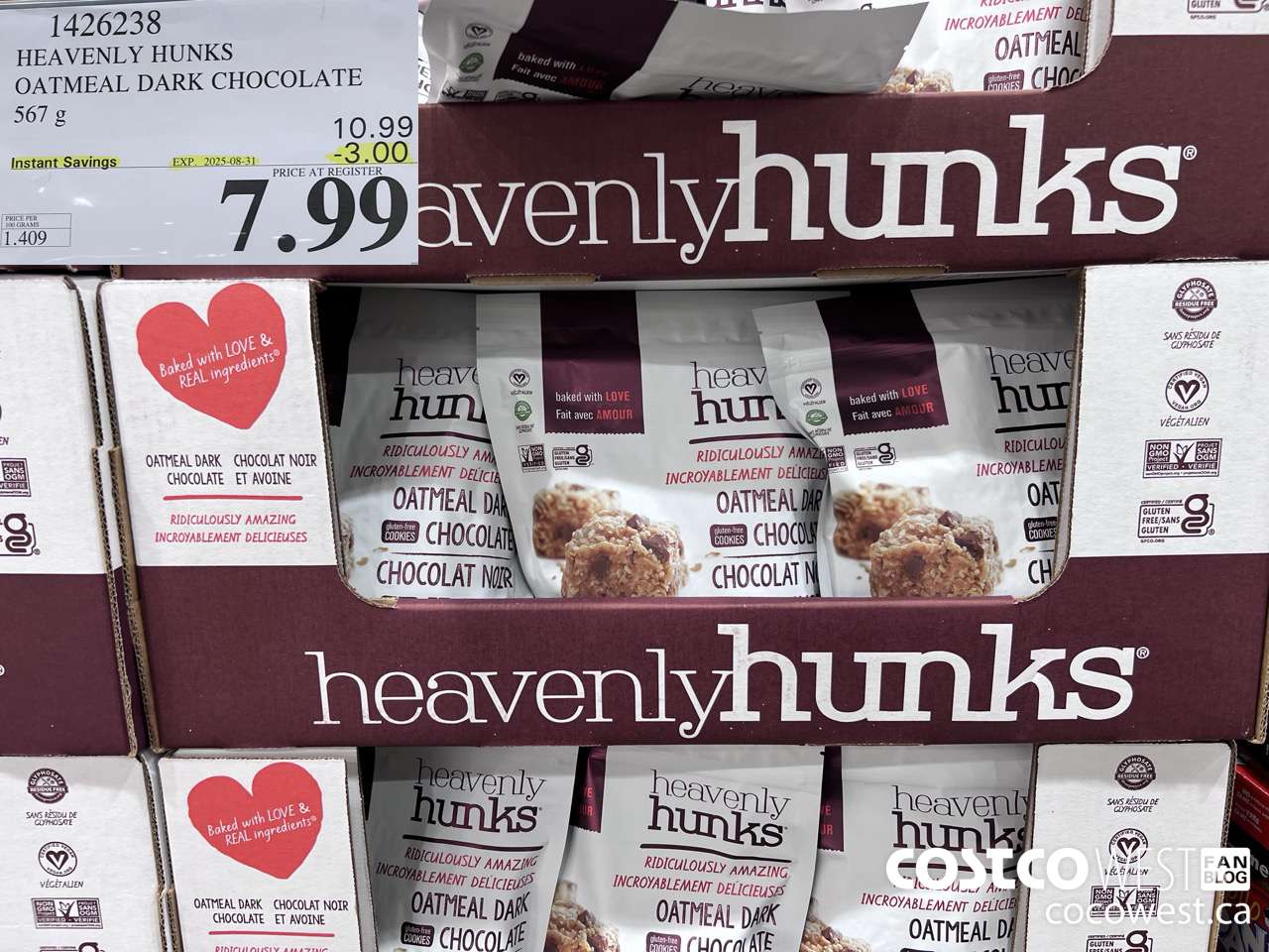 1426238 HEAVENLY HUNKS OATMEAL DARK CHOCOLATE 567g ($3.00 INSTANT SAVINGS EXPIRES ON 2025-08-31) $7.99