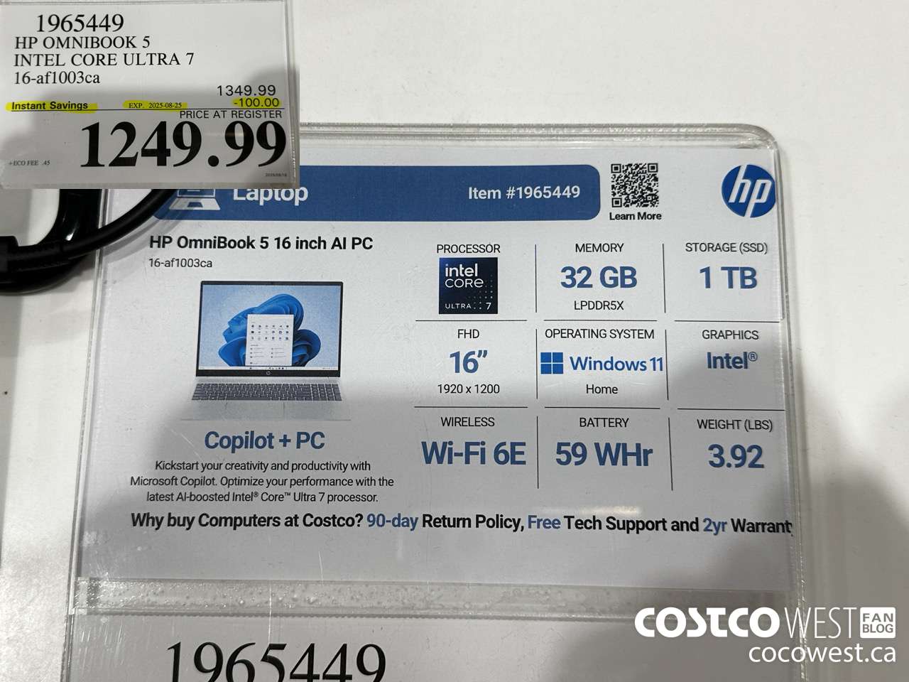 1965449 HP OMNIBOOK 5 INTEL CORE ULTRA 7 16-AF1003CA ($100.00 INSTANT SAVINGS EXPIRES ON 2025-08-25) $1249.99