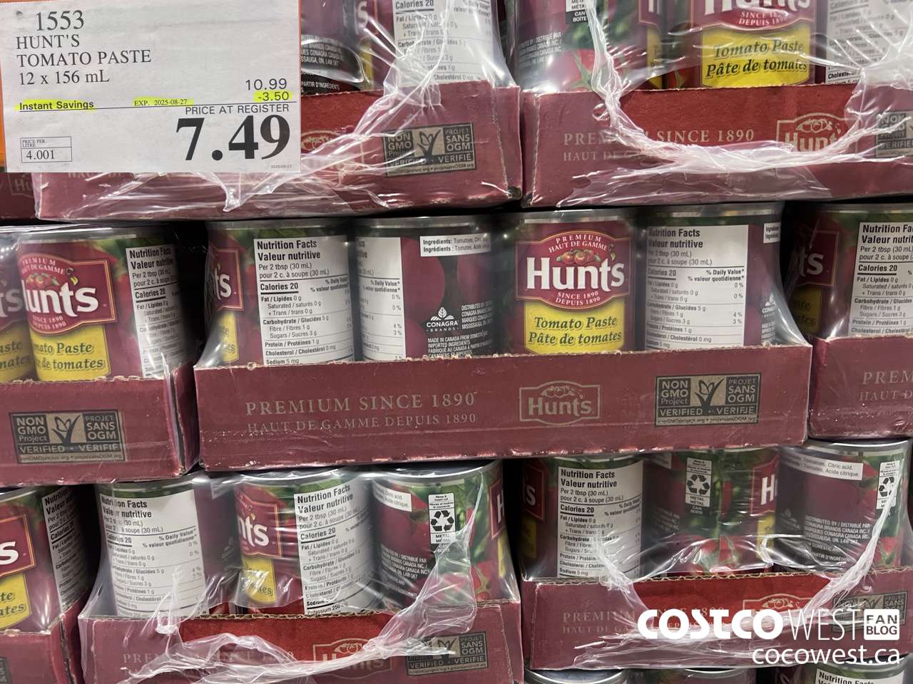 1553 HUNT'S TOMATO PASTE 12 x 156 ml ($3.50 INSTANT SAVINGS EXPIRES ON 2025-08-27) $7.49