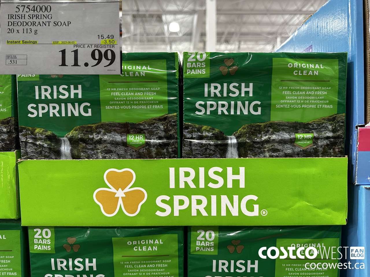 5754000 IRISH SPRING DEODORANT SOAP 20 x 113 g ($3.50 INSTANT SAVINGS EXPIRES ON 2025-08-03) $11.99