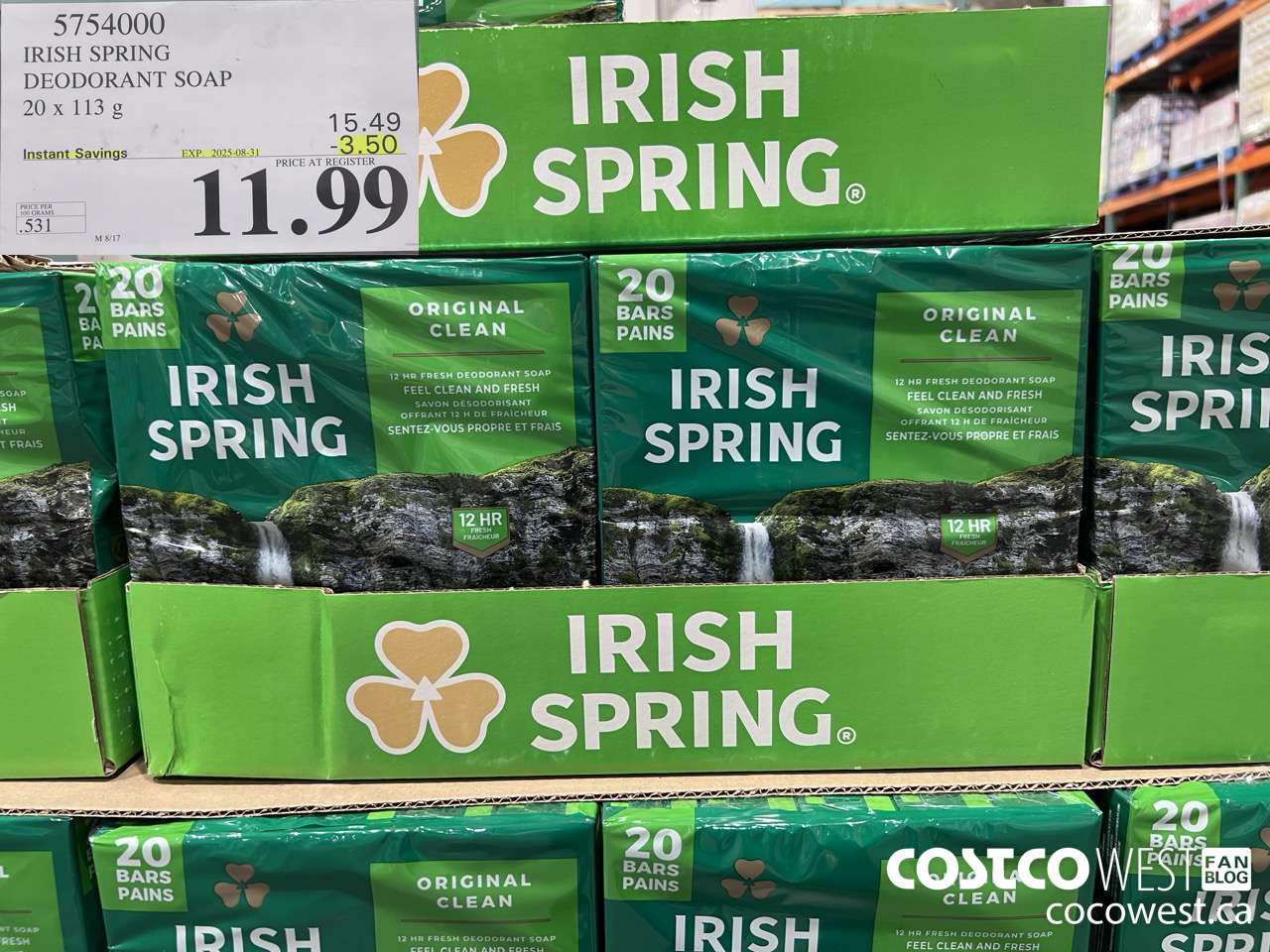 5754000 IRISH SPRING DEODORANT SOAP 20 x 113 g ($3.50 INSTANT SAVINGS EXPIRES ON 2025-08-31) $11.99