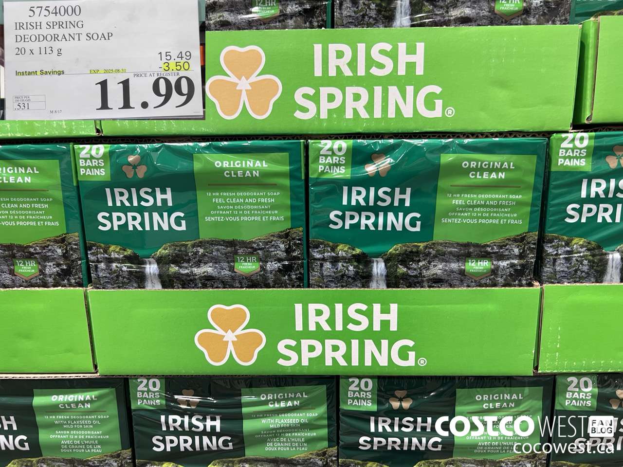 5754000 IRISH SPRING DEODORANT SOAP 20 x 113 g ($3.50 INSTANT SAVINGS EXPIRES ON 2025-08-31) $11.99