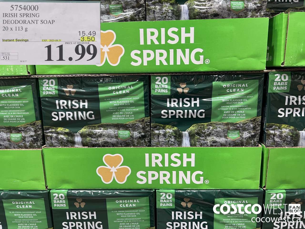 5754000 IRISH SPRING DEODORANT SOAP 20 x 113 g ($3.50 INSTANT SAVINGS EXPIRES ON 2025-08-31) $11.99