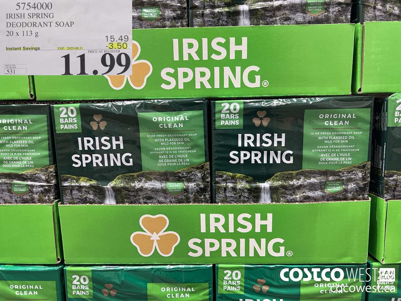 5754000 IRISH SPRING DEODORANT SOAP 20 x 113 g ($3.50 INSTANT SAVINGS EXPIRES ON 2025-08-31) $11.99