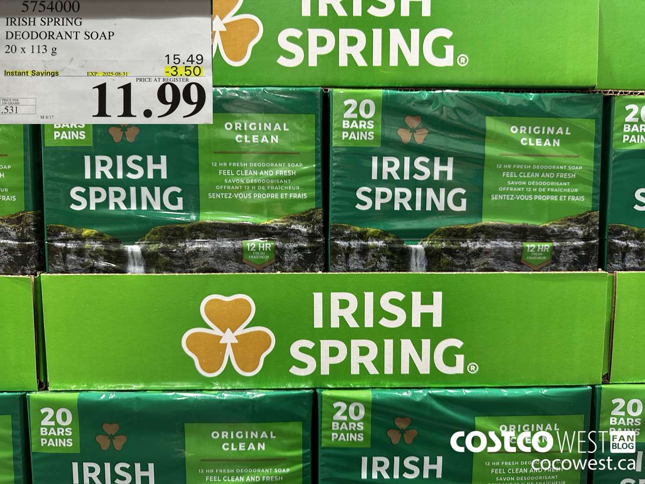 5754000 IRISH SPRING DEODORANT SOAP 20 x 113 g ($3.50 INSTANT SAVINGS EXPIRES ON 2025-08-31) $11.99
