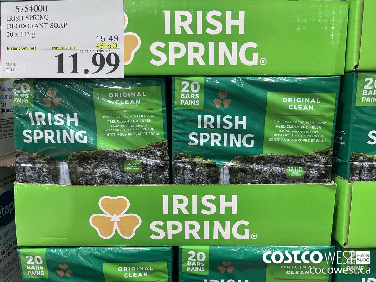 5754000 IRISH SPRING DEODORANT SOAP 20 x 113 g ($3.50 INSTANT SAVINGS EXPIRES ON 2025-08-31) $11.99
