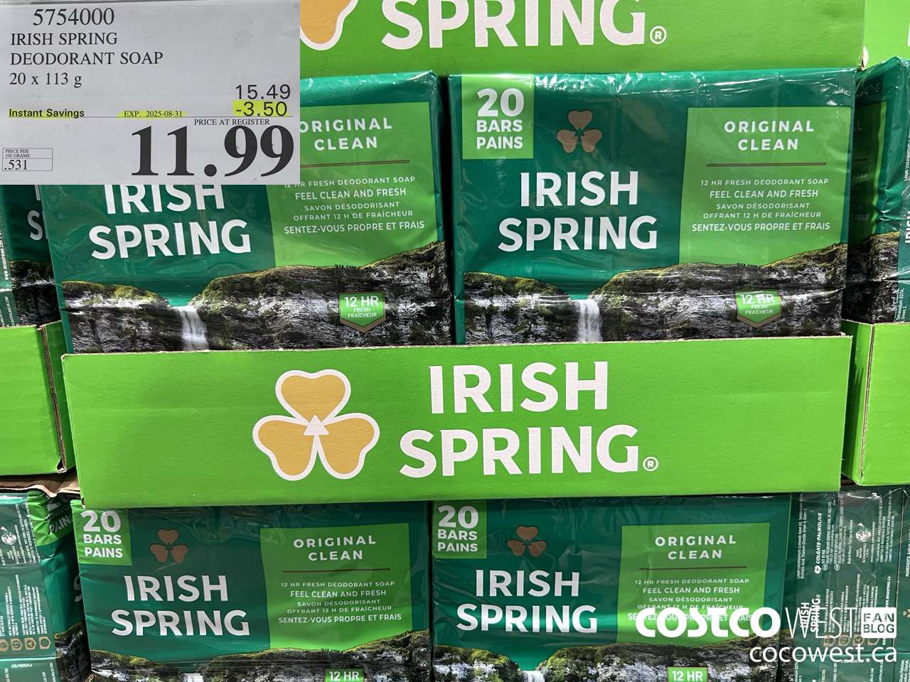 5754000 IRISH SPRING DEODORANT SOAP 20 x 113 g ($3.50 INSTANT SAVINGS EXPIRES ON 2025-08-31) $11.99