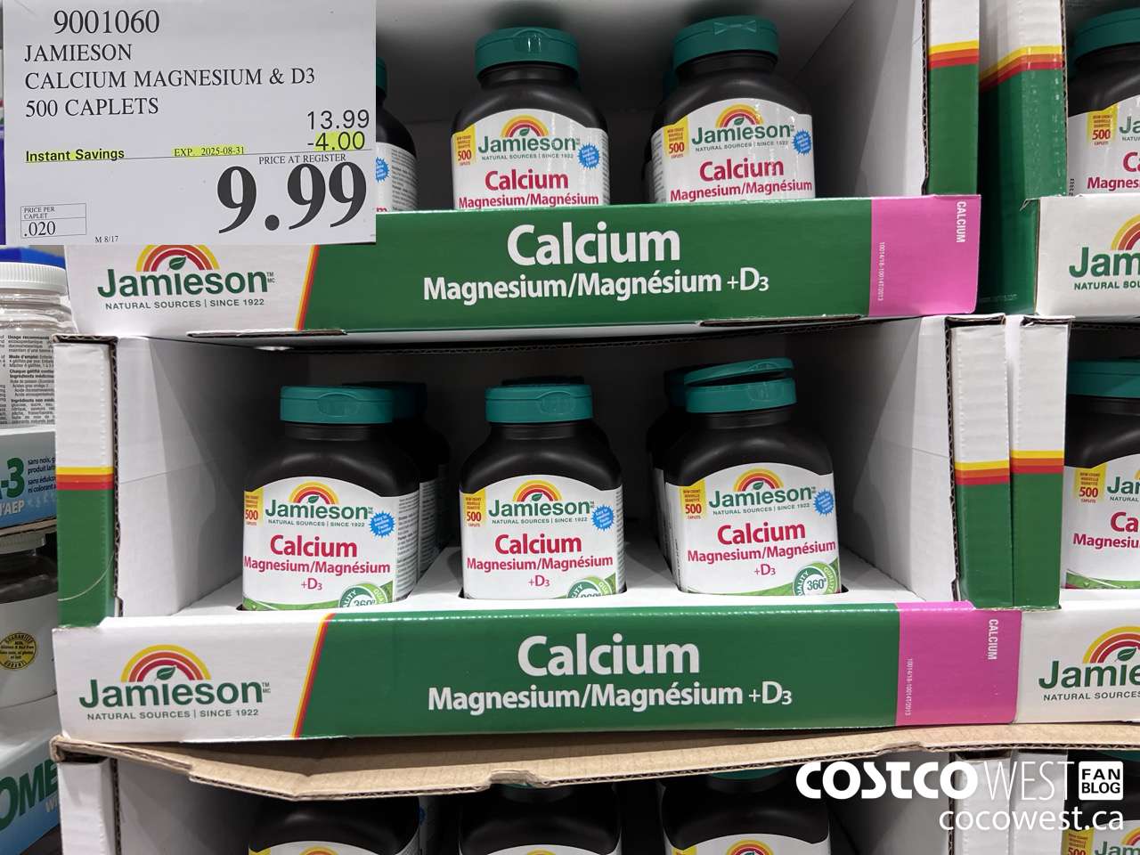 9001060 JAMIESON CALCIUM MAGNESIUM W/ VIT D 500 CAPLETS ($4.00 INSTANT SAVINGS EXPIRES ON 2025-08-31) $9.99