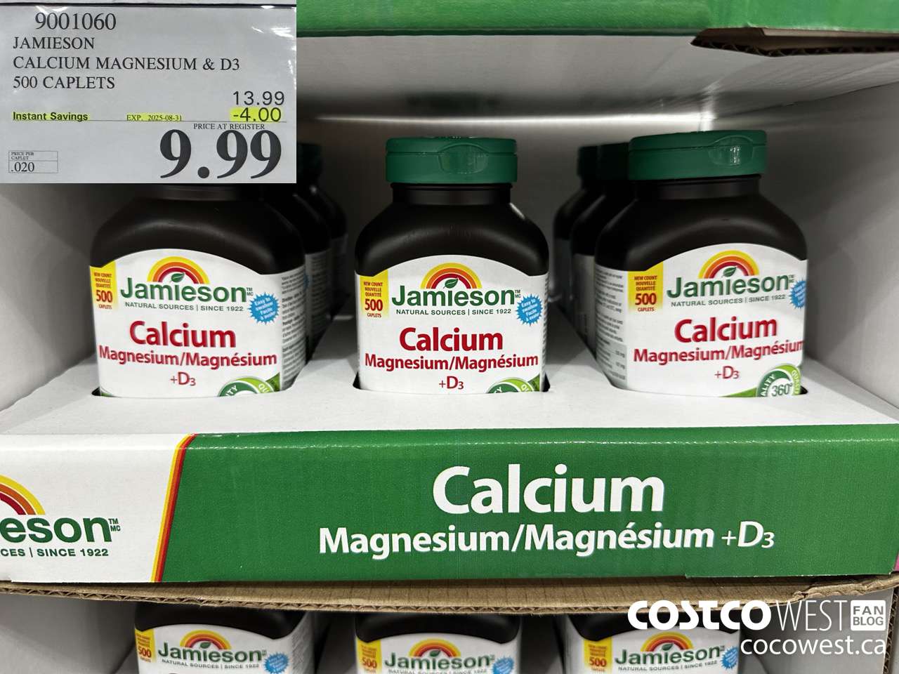 9001060 JAMIESON CALCIUM MAGNESIUM W/ VIT D 500 CAPLETS ($4.00 INSTANT SAVINGS EXPIRES ON 2025-08-31) $9.99