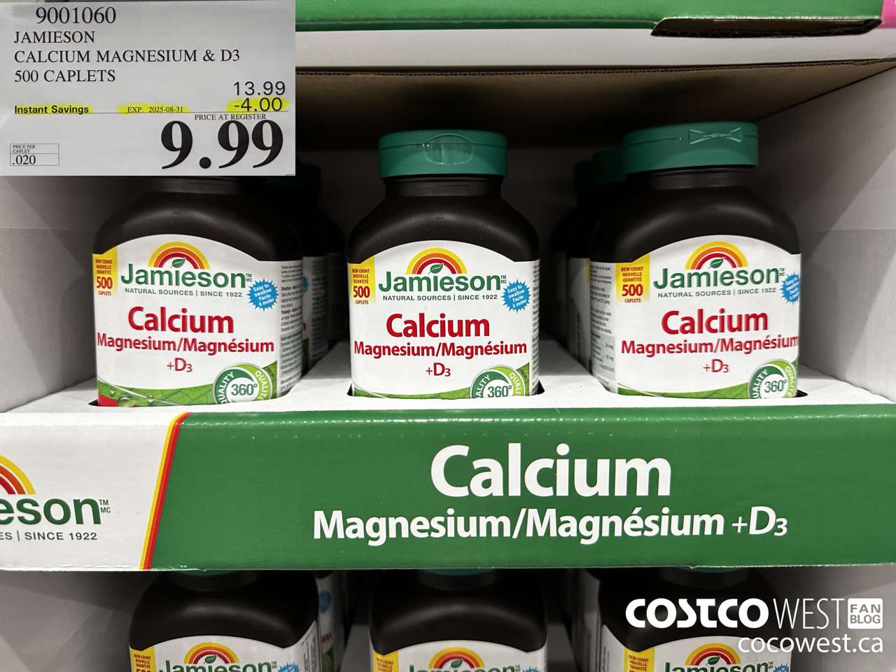 9001060 JAMIESON CALCIUM MAGNESIUM W/ VIT D 500 CAPLETS ($4.00 INSTANT SAVINGS EXPIRES ON 2025-08-31) $9.99